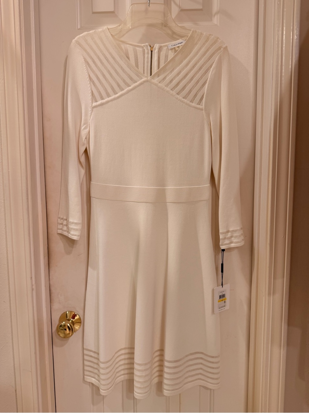 Calvin Klein Ivory Long-Sleeve Knit Fit & Flare Dress with Sheer details, Sz M - Picture 9 of 16